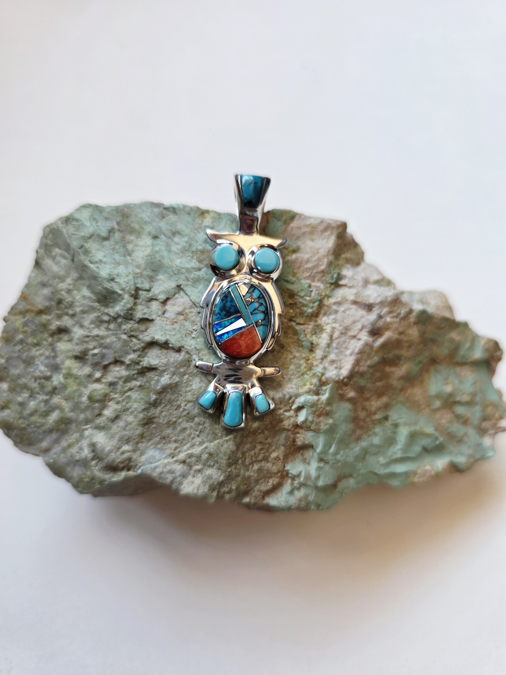 Turquoise & Silver Owl Pendant Necklace